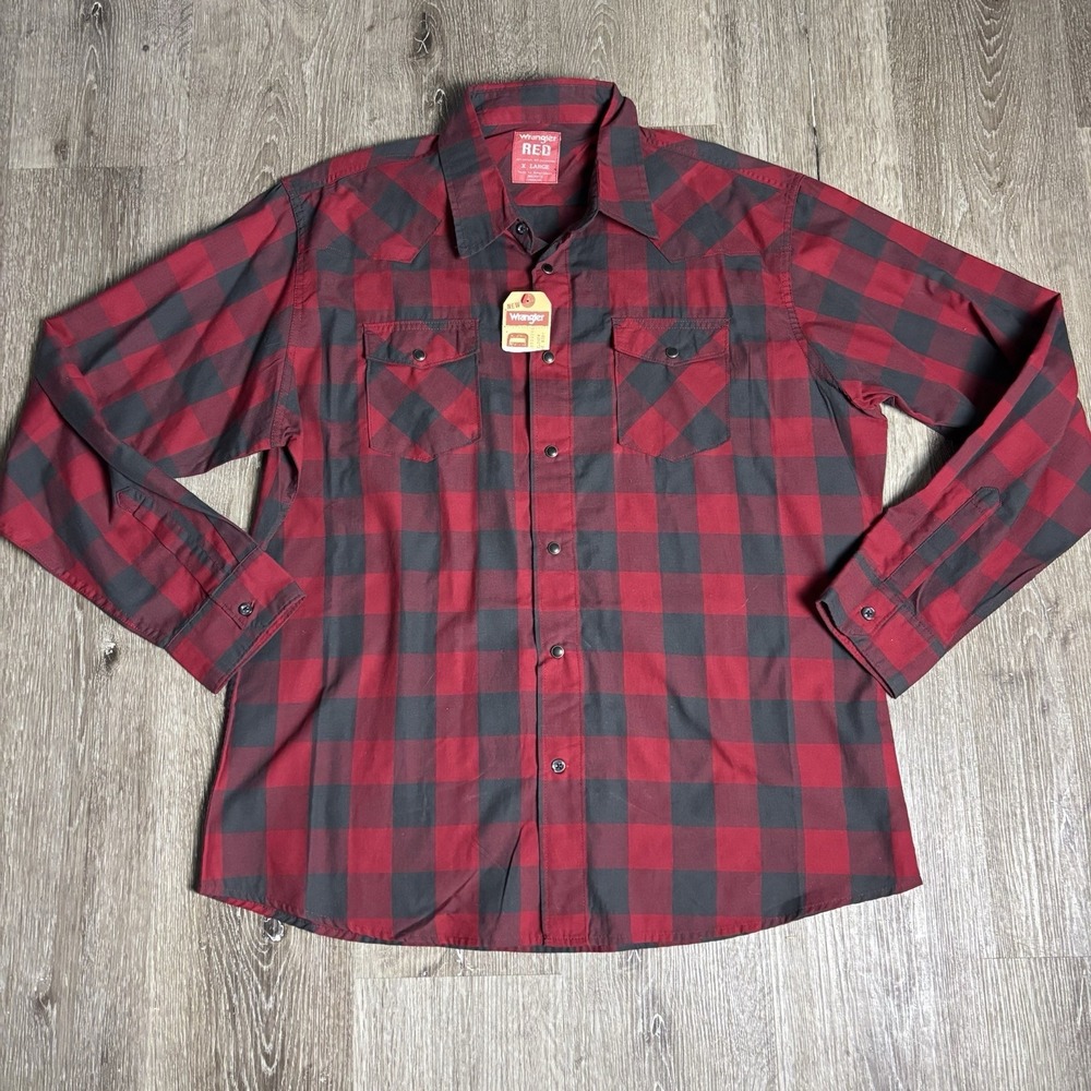 Wrangler Shirt Men's XL Red Black Plaid Black Pearl Snap LS‎ Western Cowboy New